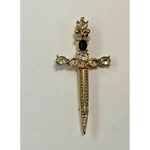 Sword Dagger Saber Brooch Rhinestones Gold Tone Black Vintage